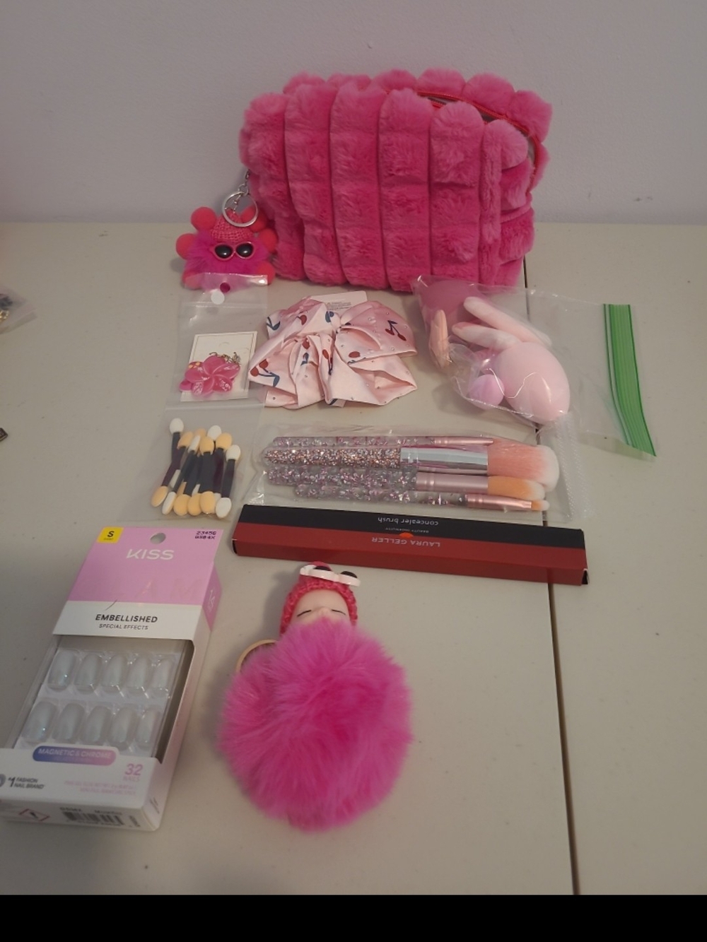 Hot Pink Plush Makeup Bag With Accessories